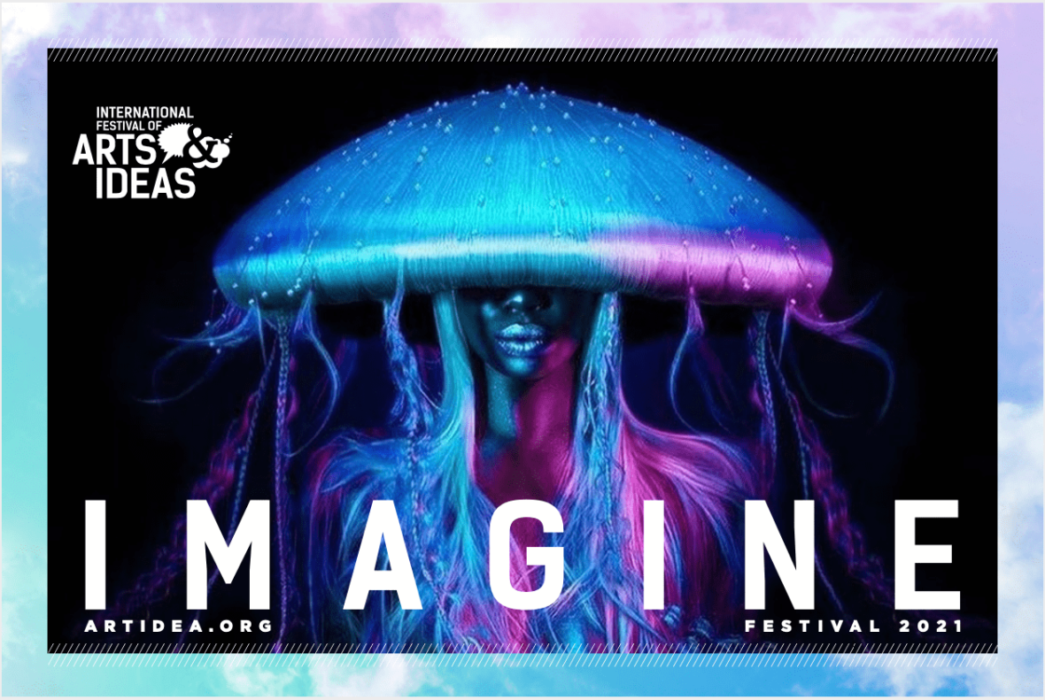 The head and torso of a woman bathed in blue and purple light with hair made to look like a jellyfish faces the camera with the word Imagine imposed over her